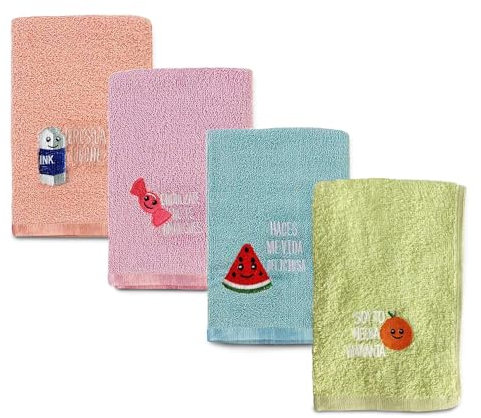 TIENDA EURASIA – Paños de Cocina Bordados, Pack de 4 Unidades, Distintas Frases, Diseños y Colores, 50x50x0,5cm, Multiusos, 100% Algodón, Suave, Resistente y Absorbente (Colores Claros)