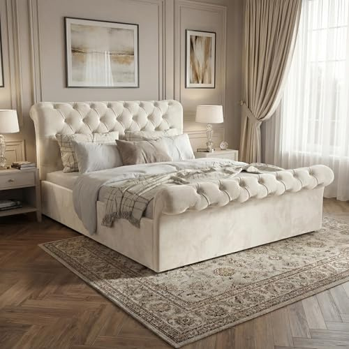 Blisswood Small Double Ottoman Bed Frame with Storage, 4ft Upholstered Gas Lift Bed Base, Side Opening Design with Wooden Slats, Beige Velvet Frame for Compact Bedrooms (Beige, No Mattress Included)