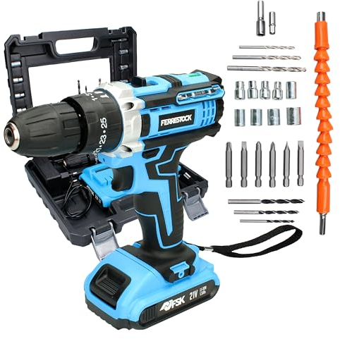 Ferrestock - Taladro Percutor 21V con 2 Velocidades, 35Nm, Batería 1.5Ah y 25 Accesorios | Para Madera, Acero y Ladrillo | Mandril de Sujeción Rápida