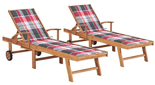 CKioict Tumbona de relajación, muebles de exterior, balcón, juego de 2 tumbonas, cojines de cuadros rojos, madera maciza de teca, para patio, jardín, playa, piscina
