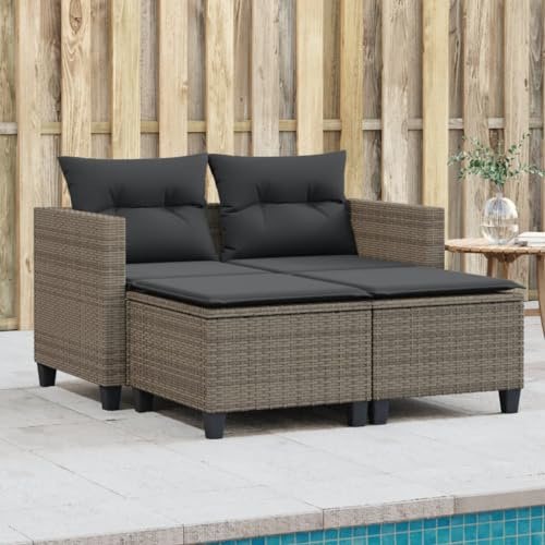 ShGaxin Canapé de jardin 2 places avec auvent et tabourets en rotin PE gris, canapé de jardin, terrasse, meubles de jardin extérieur - 365793