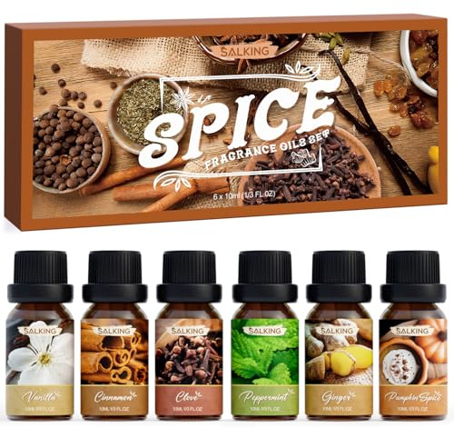 SALKING Especias Aceites Esenciales para Humidificador Difusor 6 x 10 ml, 100% Puro Aceites Esenciales Naturales Aceite Perfumado de Otoño - Vainilla, Canela, Clavo, Menta, Jengibre, Pumpkin Spice