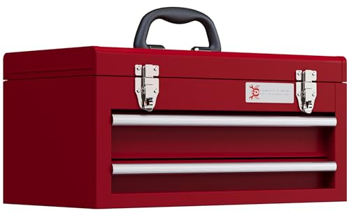 Mallette à outils DURHAND vide, 46 x 24 x 22 cm Boîte à outils avec 2 tiroirs, compartiment de rangement supérieur, poignée, caisse à outils avec 2 serrures, en acier, rouge