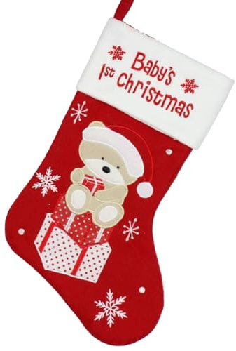Widdle Gifts Baby's 1st Christmas Keepsake Stocking with Embroidered Teddy Fully Lined (Red Unisex 8553)
