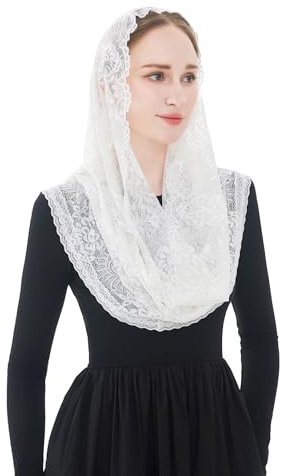 Wgior Soft Infinity Catholic Church Veil Lace Chapel Veils Latin Mass Head Covering Scarf Mantilla (White)