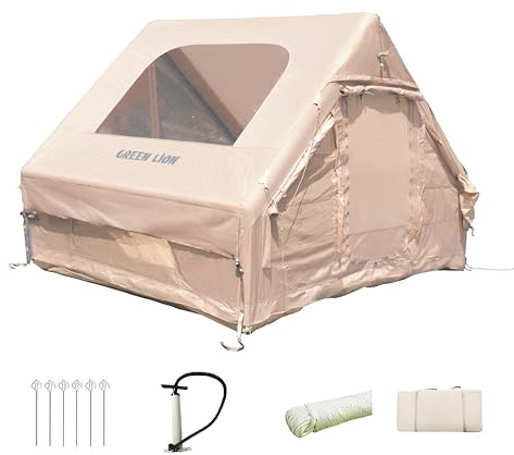 Green Lion GT-4X Inflatable Camping Tent, for 3-4 Persons, 2-3min Easy Setup, Waterproof & Weatherproof, Breathable & Anti-Mosquito, Double Mesh Ventilation Windows, Oxford Fabric, Hand Pump Included