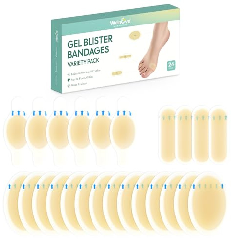Welnove 24 Piezas de Apósitos Hidrocoloides para Pies, Tiras Adhesivas Impermeables para Talones, Dedos y Pies, para Prevención y Recuperación de Ampollas