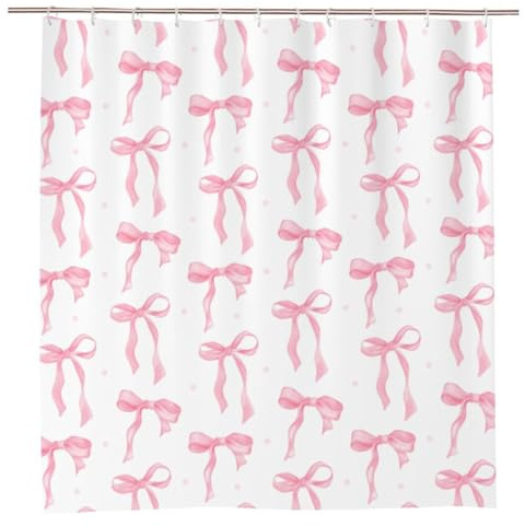 FloralGrace Cortina de Ducha Rosada con Lazo de Tela Moderna, Conjunto Estético para Baño con Ganchos 180x180 cm, Lazo Rosa