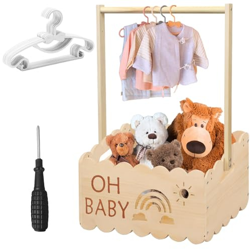 Babykorg i trä, 34 x 23 x 51 cm, babykorg, present med handtag, trälåda för babyparty med handtag och 8 galgar, garderob för födelsedagar, babyfester, jul, nya föräldrar