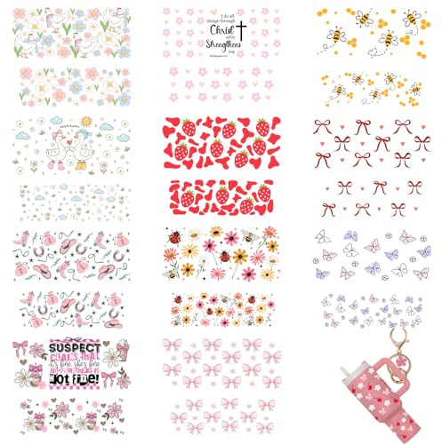 42PCS Lemon Butterfly Suspect Dragonfly Book MINI Tumbler Keychain uvdtf Wraps Bow Coffee Bee Strawberry mini UV DTF Cup Wraps for 40 OZ Cups Key Pendant Cherry Christ Cow Sunflower Shell DIY Crafts