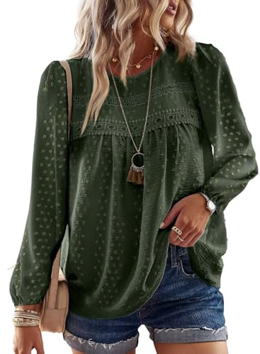 TUUHAW Camiseta Manga Larga Mujer Otoño Blusa Talla Grande con Cuello Redondo Moda 2025 Top Color Sólido Bordado Encaje Punto Suizo Ropa Bohemia Túnica Informal Verde 2XL