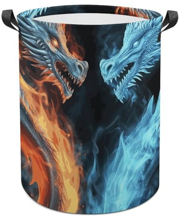 Ice And Fire Dragons Laundry Basket with Handles, Laundry Hamper with Internal Support, Foldable Waterproof Clothes Hamper 44x35cm for Bedroom, Bathroom, Laundry Room, Living Room