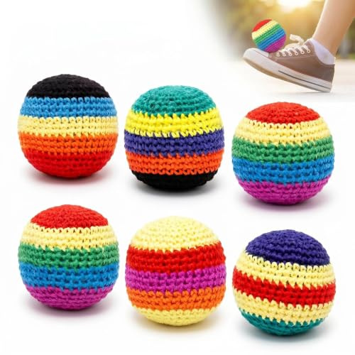 PORUPAEL 6PCS Hand-Made Knitted Hacky Sacks - Colorful Juggling Footbags, Professional Hand-Knitted Foot Kicking Balls for Kids Adults Beginners Outdoor Games Skill Practice