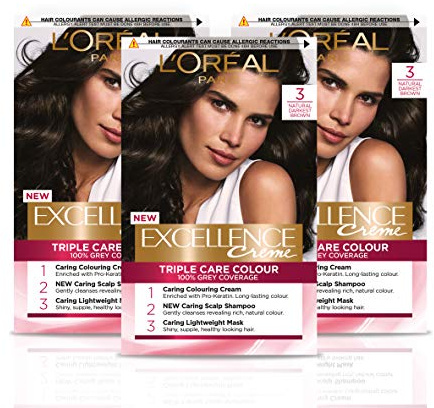 L'Oréal Paris Excellence Crème Permanent Hair Dye, Radiant At-Home Hair Colour with up to 100% Grey Coverage, Pro-Keratin, Up to 8 Weeks of Colour, Pack of 3, Colour: 3 Natural Darkest Brown