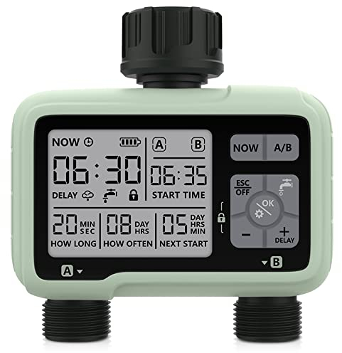 SOGUYI Timer Irrigazione,Computer Irrigazione con Ritardo Pioggia, Programmatore Irrigazione a Batteria,Modalità di Irrigazione Automatica e Manuale, 2 Uscite Centralina Irrigazione