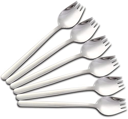 PDCTACST 6 Pcs Sporks, 304 Stainless Steel Salad Spork, 7.9-Inch Long Handle and Heavy Duty Buffet Forks, Fruit Dessert Fried Rice Pasta Forks for Home Use and Outdoor Camping