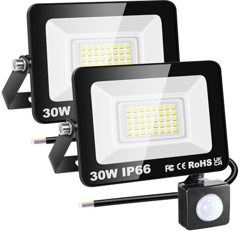 RIGIDON 2x PIR-rörelsesensor utomhus säkerhetslampa, 30W LED-strålkastare | 3000 lm, utan kontakt, 6000K kallvit, utomhusvägglampa, för trädgård, garage, bakgård, uteplats, husdörröppning, vattentät