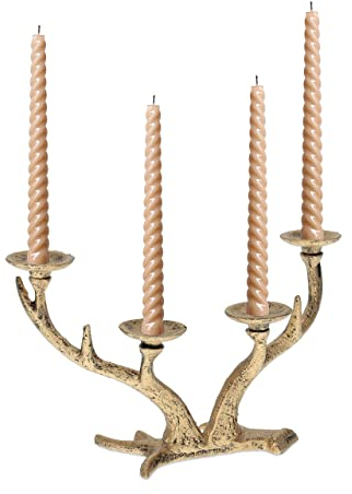 Relaxdays Portacandele a Quattro Bracci, Design a Corna di Cervo, Candelabro Vintage per Candele Lunghe, Ghisa, Dorato, 13x22x10,5 cm