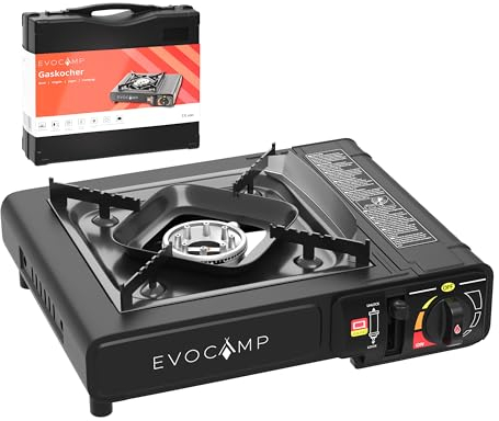 EVOCAMP Hornillo de Camping con Encendido Piezoeléctrico, Cocina Gas Portátil Para Cartuchos de Gas MSF-1a 227 Gramo con Estuche de Transporte