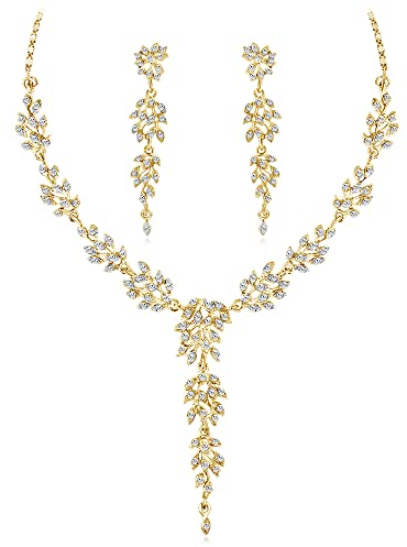 Cangall Braut Schmuckset für Damen, Strass Kristall Hochzeit Schmuckset, Glitzernde Halskette & Ohrhänger Set in Form der Blattes, Gold Schmuck Set für Frauen Braut Brautjungfer zur Verlobung Prom