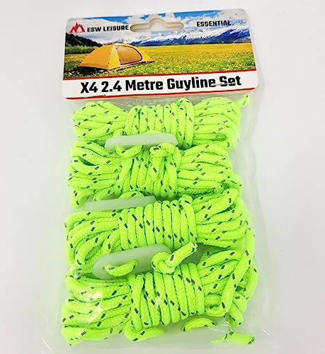 ESW LEISURE Guyline Ropes 4 Pack For Tents Awning Camping Strong Lightweight Paracord Guy Rope With Tensioner Guy Lines Fishing Caravan Gazebo (Reflective Fluorescent, 2.4 Metre 4 Pack)