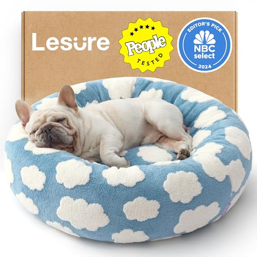 LE SURE Shown on TV Donut Dog Bed Medium Size Dog - Round Cat Beds Indoor as Bed Gift for Calming with Washable Cover, Cute Home Decor Bed with Jacquard Shaggy Plush & Anti Slip Bottom, 30 Inch, Blue