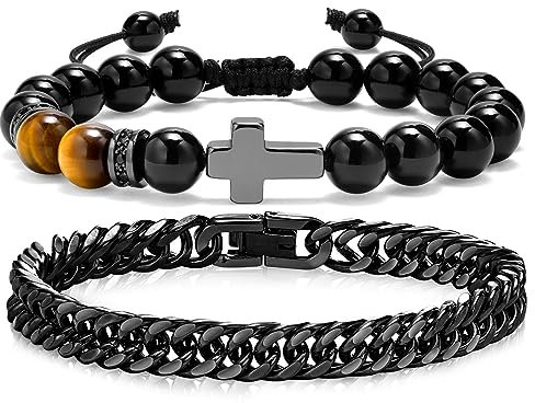 Schwarz Perlenarmband Panzerkette Armband Herren Edelstahl,Edelstein Armband Männer Armkette 19/21/23cm Lange Weihnachts und Geburtstag Ggeschenk für Papa, Sohn, Bruder, Ehemann, Kollegen, Freunde.