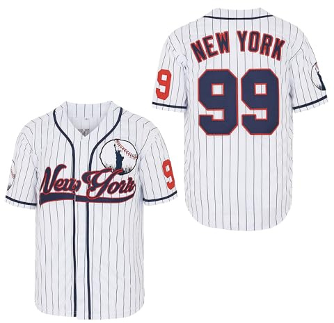 Men's New York 99 Baseball Jerseys Shirts Hip Hop Button Down for Party Xmas Gift Stitched, White, Large