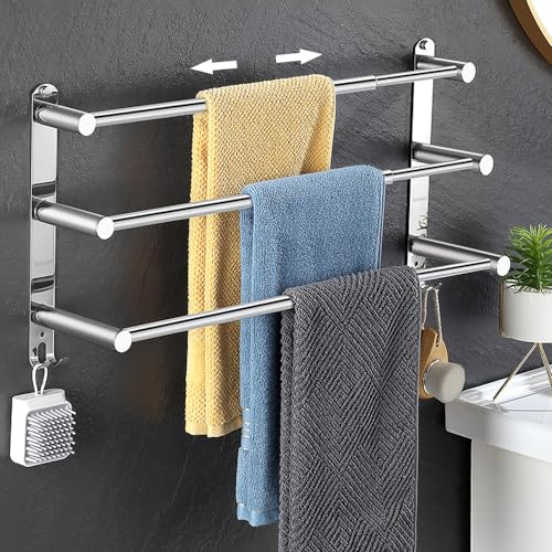 ANBOO Towel Rail Wall Mounted, Self Adhesive Towel Rail SUS304 Stainless Steel, 43-75cm/17-30 Adjustable 3 Tier Towelrail for Bathroom Kitchen - 2 Installation Methods