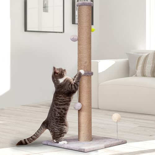 PELUOMOZ Tall Cat Scratching Post 36 inch Large Cat Scratch Post for Indoor Cats with Durable Natural Sisal Rope Scratcher Post Tree Kitten Interactive Toy-Gray