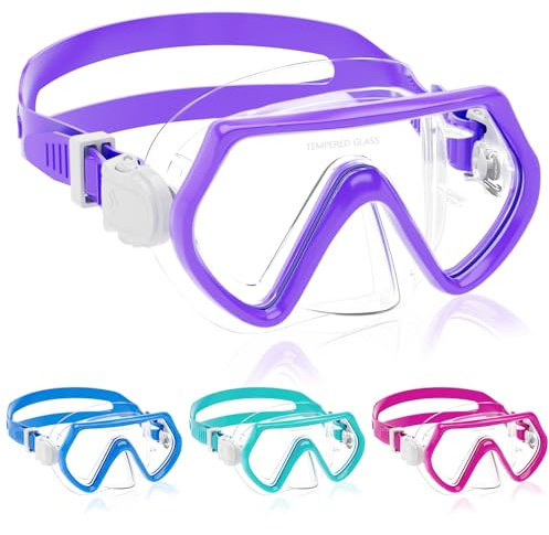 Taucherbrille Kinder,Schwimmbrille mit Nasenschutz für Jungen Mädchen,180° Schnorchelmaske mit Ohrstöpsel,Anti-Leck Tauchmaske Kinder für 4-12 Jahre - Lila