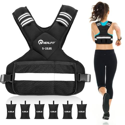 NEALFIT Weighted Vest for Women and Men, 5-10lb/11-20lb/18-30lb Adjustable Weighted Vest with Reflective Strip, Body Weight Vest for Walking, Running, Fitness, Strength Training (Black, 5-10 lbs)