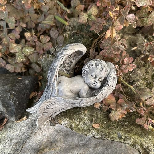 eberin · Friedhof Grabengel · Trauerengel · Engel liegend in Flügel fürs Grab · Engelsflügel · Grabdeko mit Engel · grau antik · (15x10)