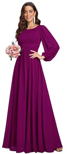 Ever-Pretty Robe Demoiselle d'honneur Femme Longue Manches Longues Col Rond Mousseline Chic Rouge-Violet 38