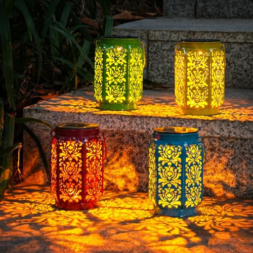 OxyLED Solar Lanterns for Outside, Garden Lanterns IP44 Waterproof Hanging Garden Ornaments Outdoor with Handle Rose Pattern in 4 Colors (Blue Yellow Red Green) Perfect for Patio Fence & Table Decor