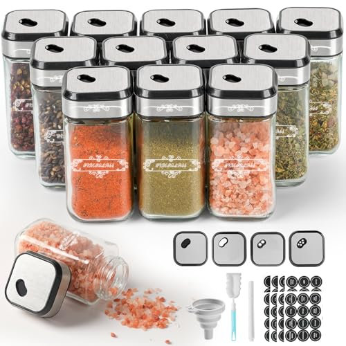 SXTIHD Pots à Épices en Verre, 12×120ml Ensemble de Bocaux à Épices à Joint Hermétique Renforcé avec Couvercle en Acier Inoxydable, Étiquette