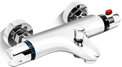 Badewannenarmatur mit Thermostat, Armatur Badewanne Thermostat, Duscharmatur Aufputz Mischbatterie Chrom, Messing Wannenarmatur mit 38°C Sicherheitstaste, Wasserhahn Badewanne, Mischbatterie Badewanne