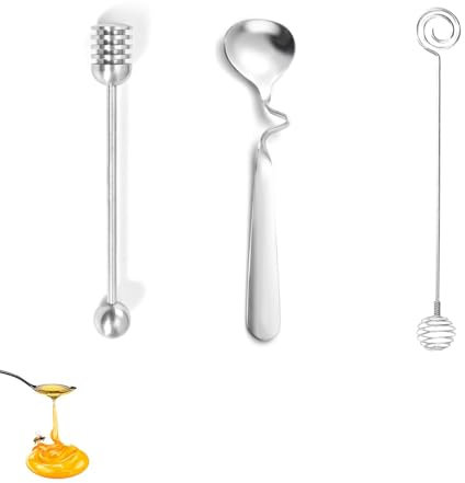 VZU Set di 3 cucchiai da miele in acciaio inox, manico lungo, cucchiaio per miele, bastoncini per miele, cucchiai per sciroppo d'acero, melassa e yogurt