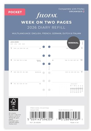 Filofax Calendario Miniimal Week to view Diary Refill Pack Pocket 2026