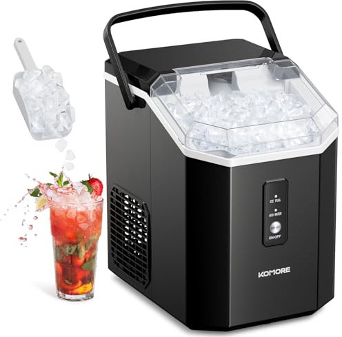 KOMORE Nugget Ice Maker Machine, Ice Cube Maker 15kg/Day Ready in 5 Mins, Portable Ice Machine with Handle, Ice Scoop & Basket, Self-Cleaning, Removable Top Cover For Home Office, Black