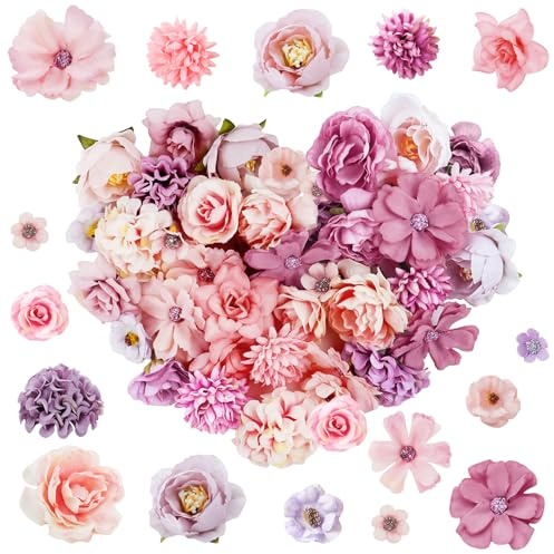 ANBOWEI Fleurs Artificielles Deco, 40pcs Petite Têtes de Fleur en Tissu, 9 Styles Mini Decoration Fausses Fleurs pour DIY Bouquet Scrapbooking Mariage Gâteau Fête Artisanat(Rose, Violet)