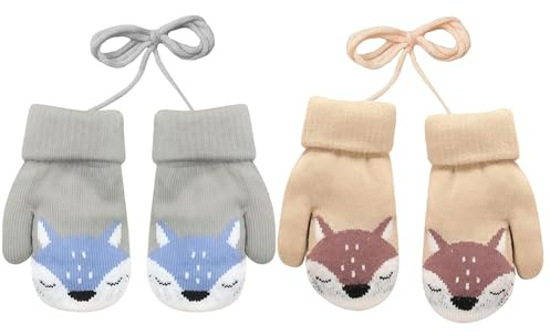 2 Paar Kinder Gestrickt Handschuhe, Winter Handschuhe Fäustlinge, Doppelt Strickhandschuhes, Kinder Schnee Handschuhes, Niedliche Fuchs Warme Fleece-Gefütterte Handschuhe für 1-3 Jahre Mädchen Junge