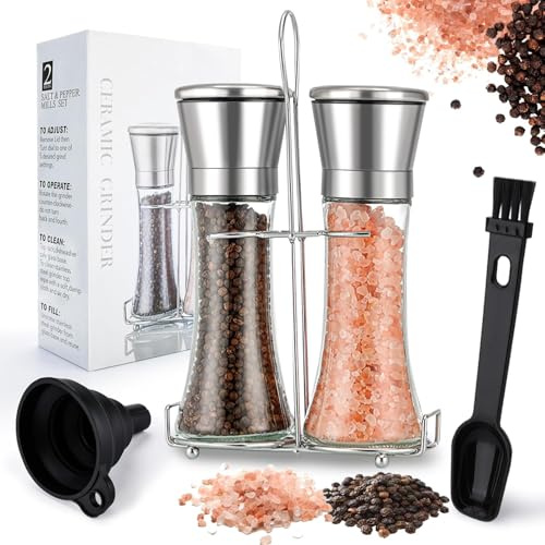 Set Macina Sale e Pepe,Macinapepe Manuale,Saliera e Pepiera con Frantoio Manuale in Ceramica Regolabile Smerigliatrice Corpo in Vetro Bottiglia di Spezie Trita Pepper Grinder per Spezie in Pepe Nero