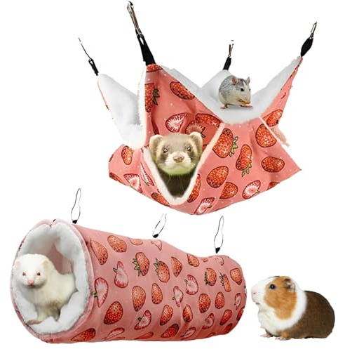 KFSCIP 2 PCS SET Rat Cage Accessories and Rat Hammock Set, Guinea Pig Hammock with Strawberry Tunnel Design, for Small Animal Cages, Durable Fabric Construction with 35x35 cm and 50x15 cm Dimensions