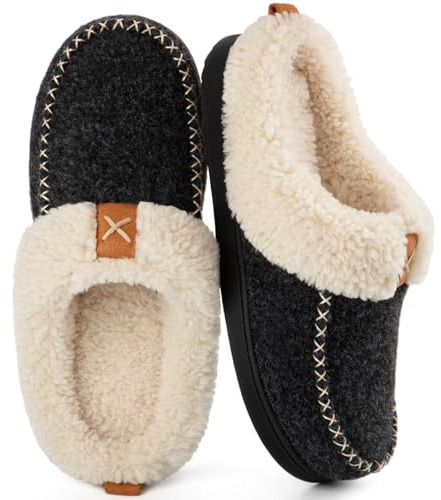 LongBay Women's Woolen Slippers, Sherpa Memory Foam Fluffy Moccasin with Soft Plush Fleece Lining Slip-On for Indoor Outdoor Use (5-6 UK, Black)