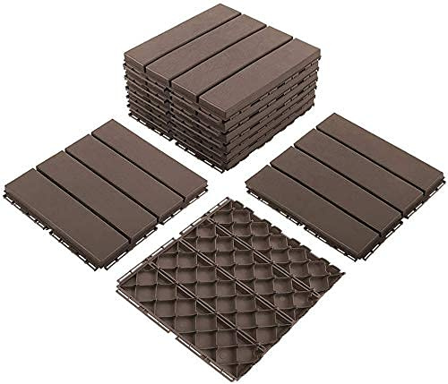 domi outdoor living Patio Deck Tiles, 12 x 12 inches Composite Interlocking Decking Tile, Four Slat Plastic Outdoor Flooring, 27 Pieces One Pack, Dark Brown