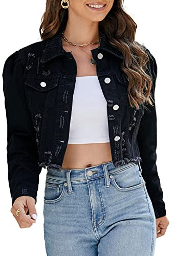 PAODIKUAI Women's Casual Puff Sleeve Frayed Slim Cropped Denim Jean Jacket, Black, XXL