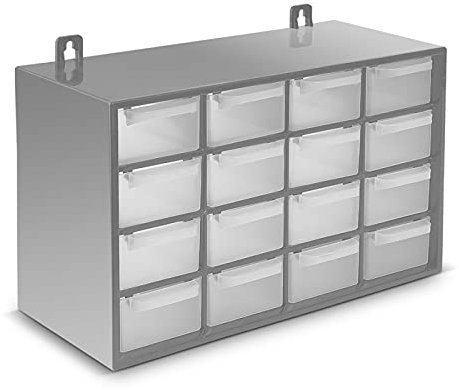 Clasificador apilable de plástico, 16 cajones, gris, 17 x 27 x 12 cm, módulo, estante organizador para piezas pequeñas, tornillos, botones, taller, costura