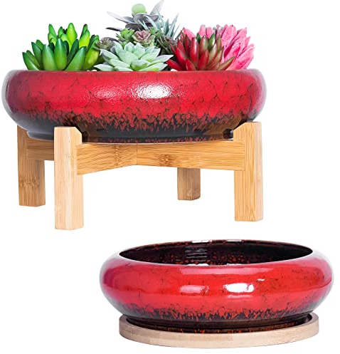 ARTKETTY Plant Pots Indoor - 18.5/25 CM Large Bonsai Pots with Trays Set of 2, Colorful Succulent Plant Pots Ceramic Pots for Cactus Plants Garden Decorative Flower Pot
