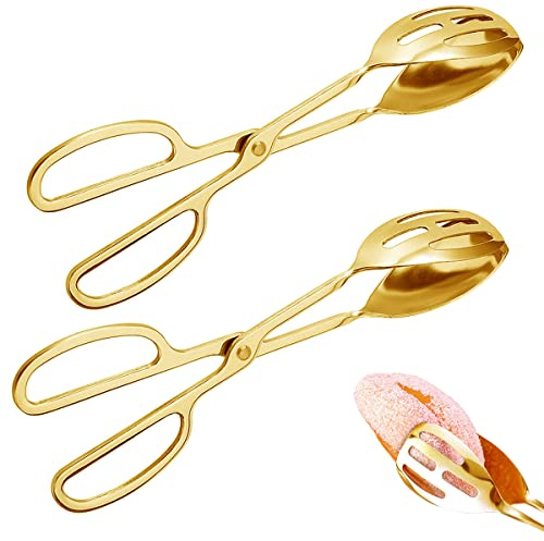IAXSEE 2 Pieces Buffet Salad Tongs for Kitchen Serving and Cooking, Stainless Steel Food Scissor Tongs, Catering Utensil for Bread Cake Bake Steak Barbecue (Gold)